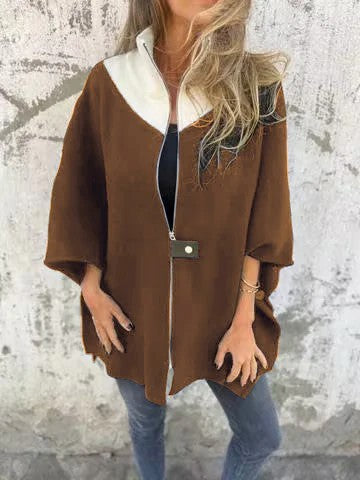 Street-Wave Batwing Sleeve Jacket Zip Front Stand Collar Relaxed Fit For Women Fashionable Everyday Wear