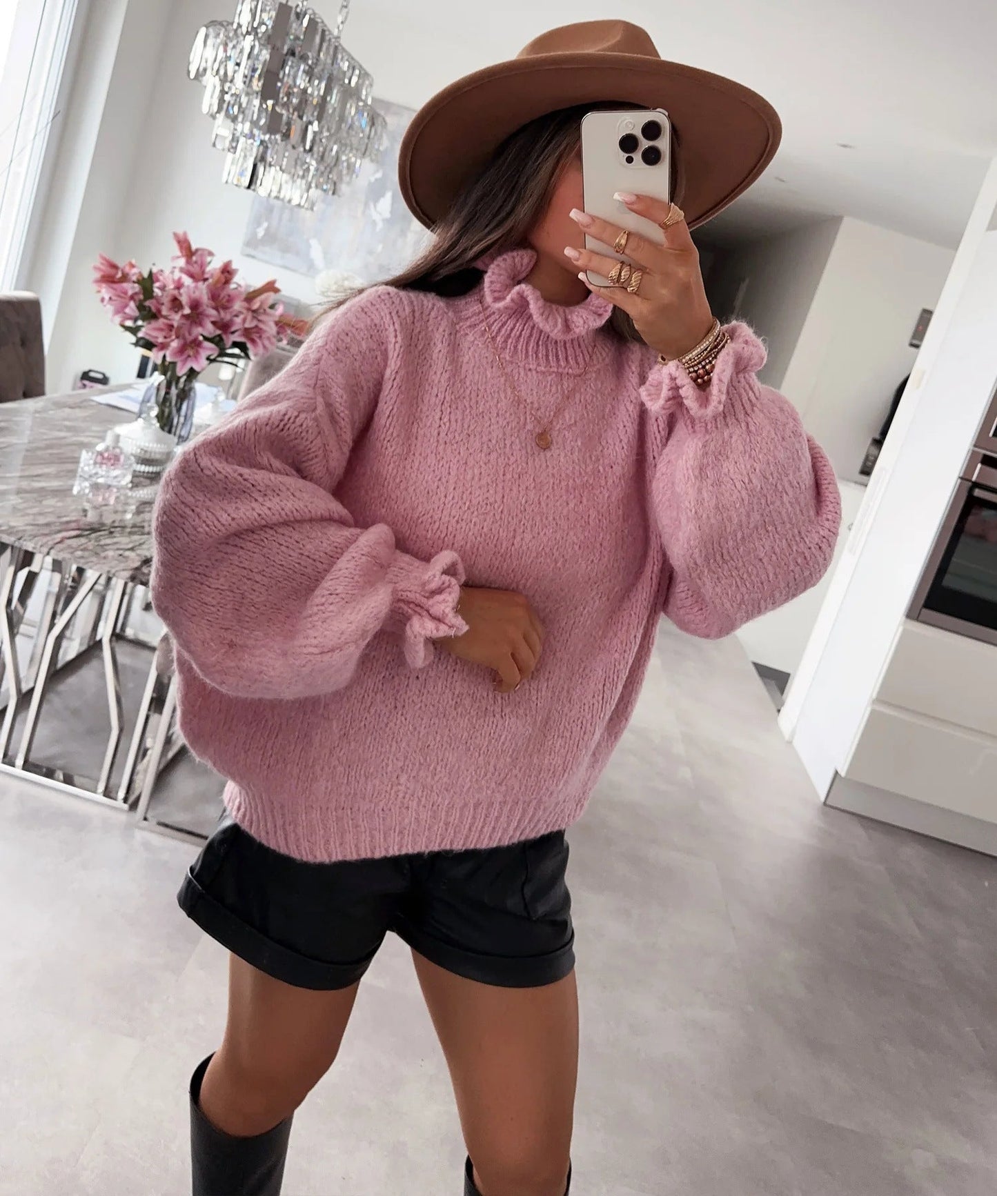 Street-wave Cozy Knit Turtleneck Sweater For Women With Wide Sleeves Plush Pink Structured Design