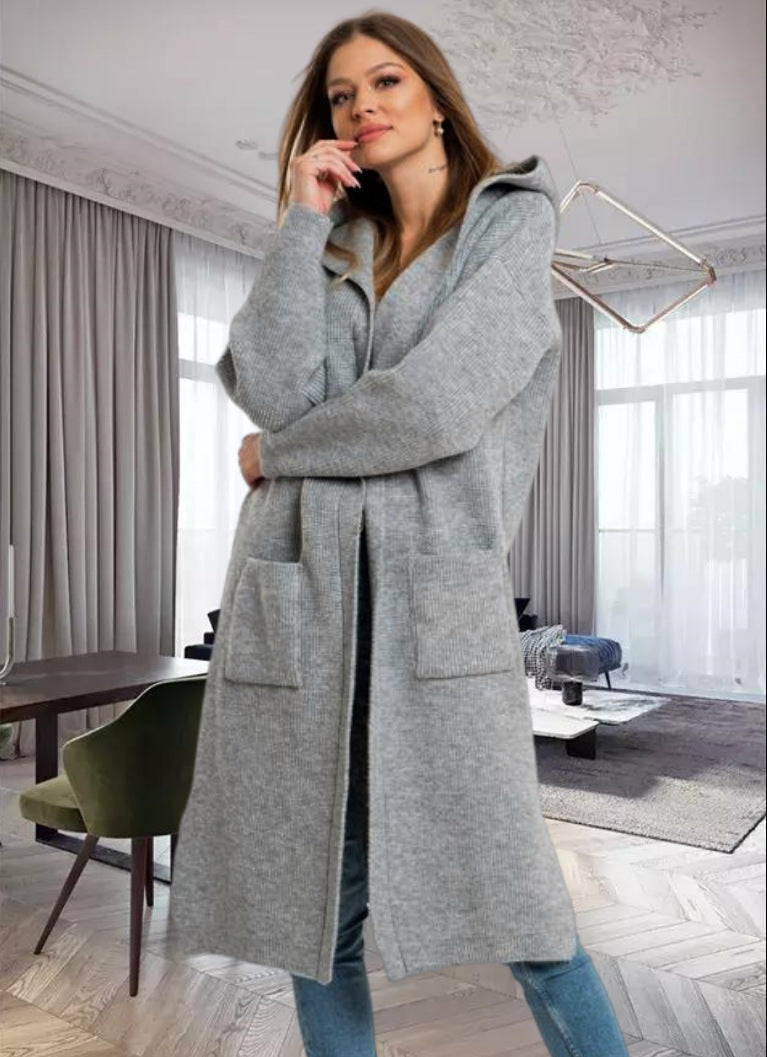 Street-Wave Women Knit Coat With Hood And Large Pockets Luxurious Cozy Warmth For Modern Women