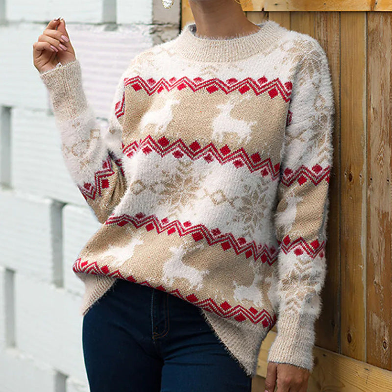 Street-wave Women's Cozy Christmas Sweater With Festive Reindeer Design, Warm Knit