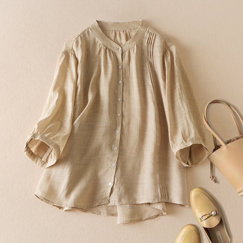 Women's Shirt – Relaxed Fit – Natural Fibres – Stand Collar – Pleated Detail