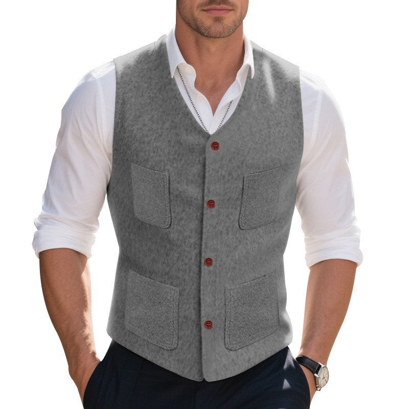 Mens Vest Street-wave Functional Pockets Elegant Button Details Warm Fabric For Modern Men