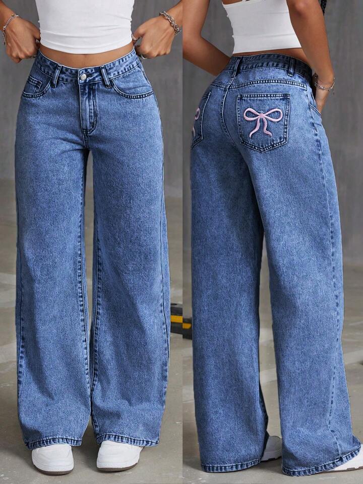 Streetwave Women Wide Leg Jeans With Bold Contrast Stitching And Playful Embroidered Pockets