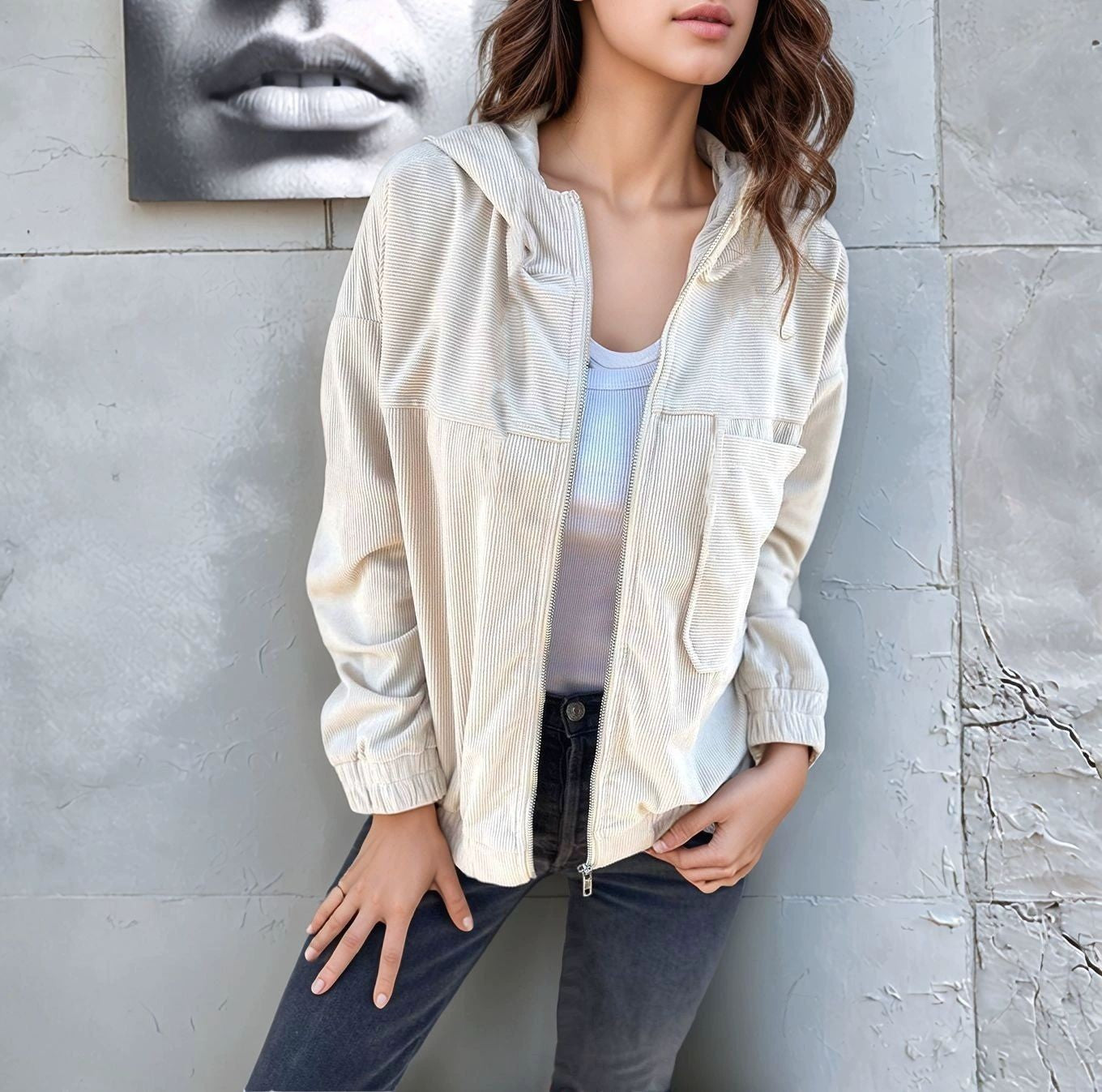 Streetwave Corduroy Jacket For Women With Zip Closure And Practical Collar For Effortless Everyday Style