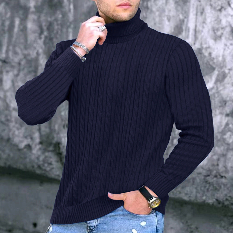 Street-wave Mens Ribbed Turtleneck Sweater With Structured Design For Warm Comfort