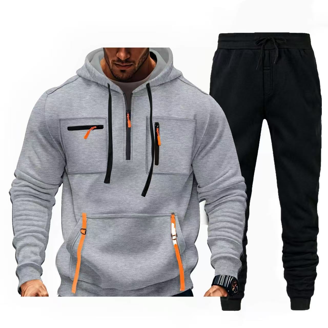 Street-wave Men's Multifunctional Hoodie And Jogger Set For Active Lifestyles With Zipper Pockets And Comfort