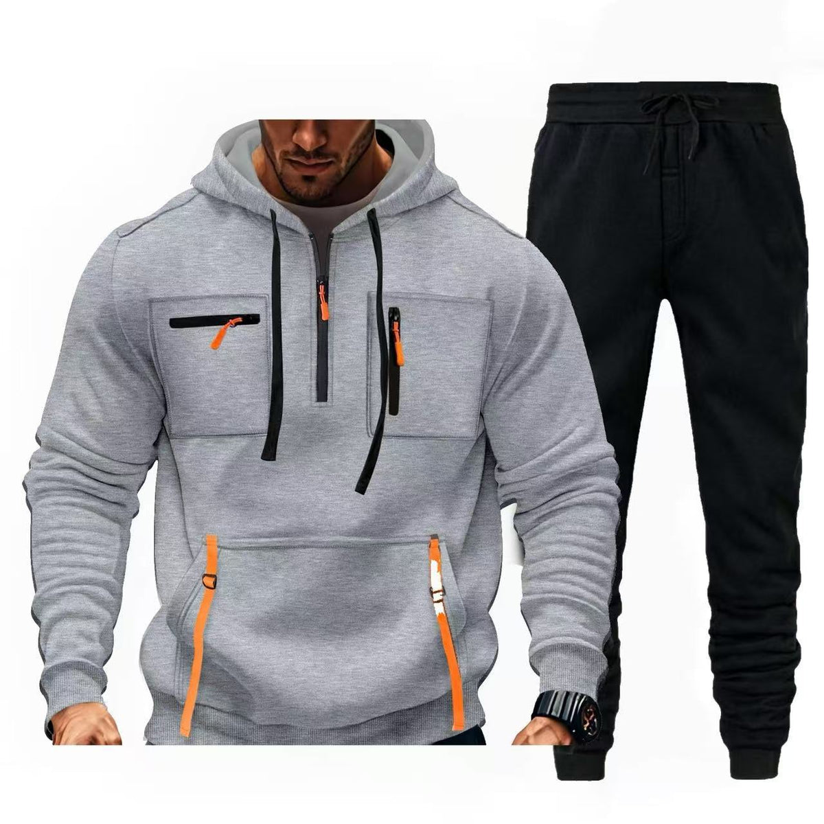 Street-wave Men's Multifunctional Hoodie And Jogger Set For Active Lifestyles With Zipper Pockets And Comfort