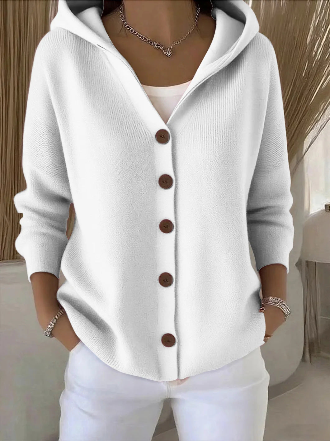 Street-Wave Women's Hooded Knit Cardigan with Button Details and Relaxed Fit for Everyday Comfort