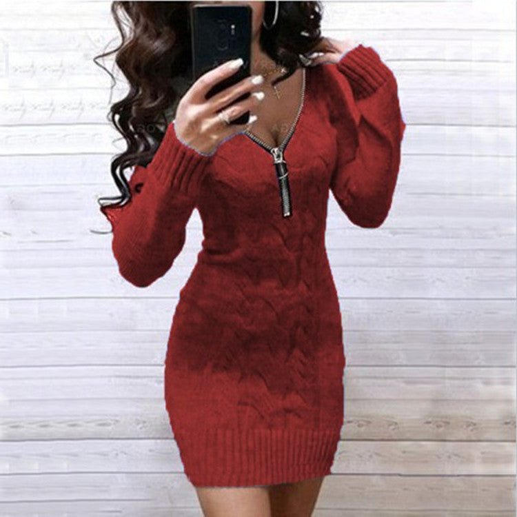 Street-Wave Women's Knit Dress With Zip Detail And Textured Cable Pattern For Chic All Occasions
