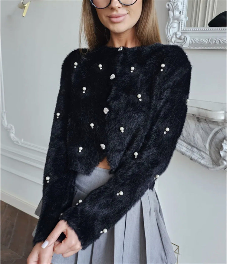 Street-Wave Women's Fluffy Knit Cardigan With Pearl Buttons And Elegant Silhouette