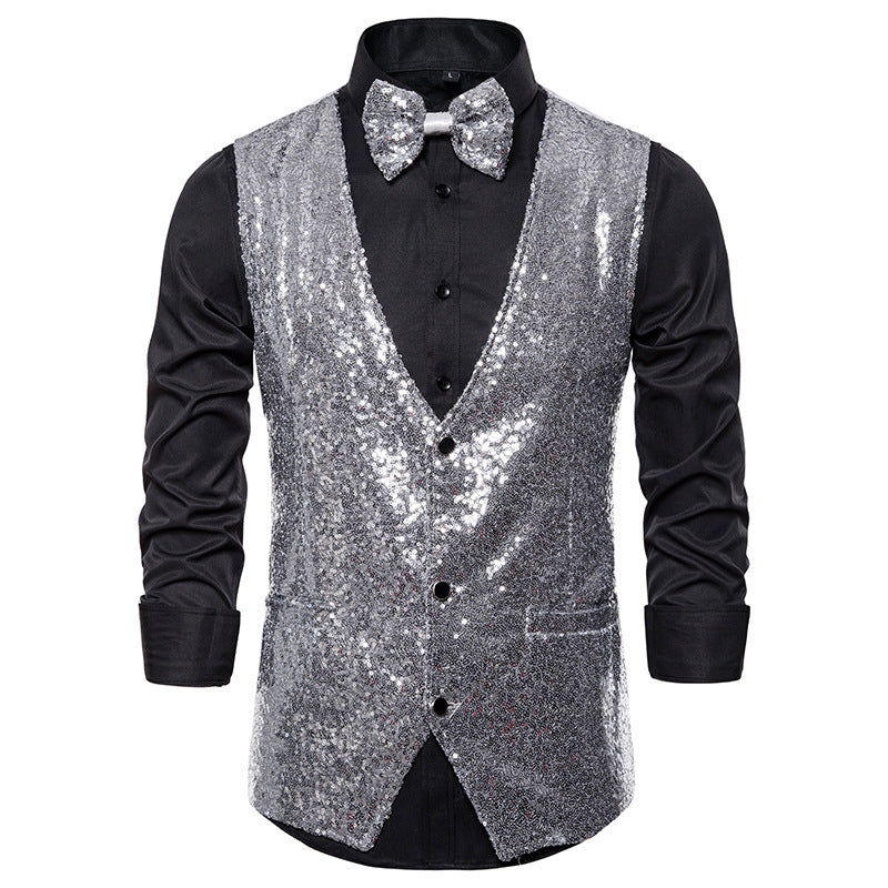 Street-wave Men's Glitter Sequin Festive Vest With Bow Tie Glamorous Partywear For Men