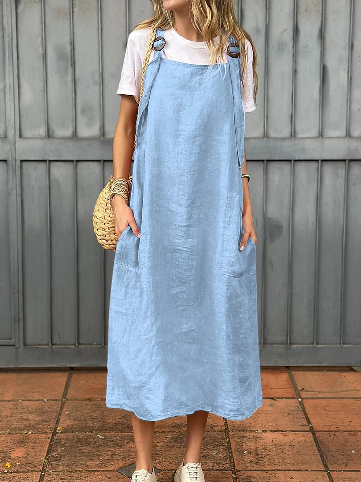 Streetwave Linen Strap Dress With Two Front Pockets For Women Breathable Casual Midi Summer
