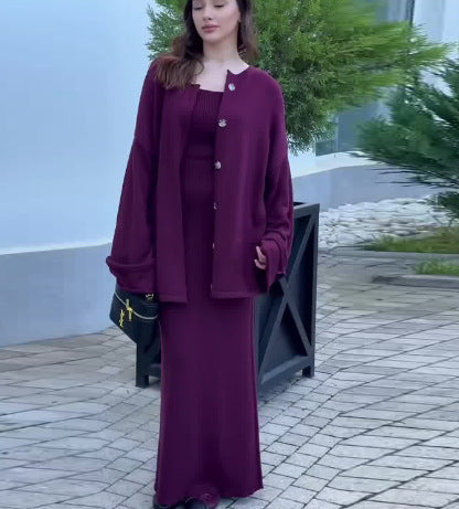 Street Wave Women's Knit Suit With Elegant Blazer And Sleeveless Maxi Dress For Timeless Chic