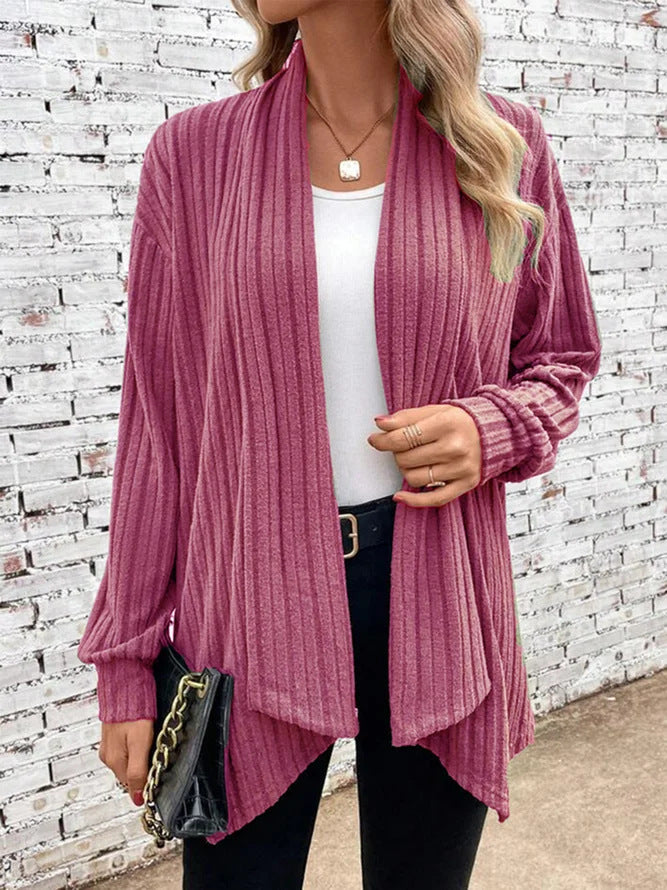 Ribbed Knit Cardigan Street-wave Womens Cozy Casual Comfort With Prominent Rib Design