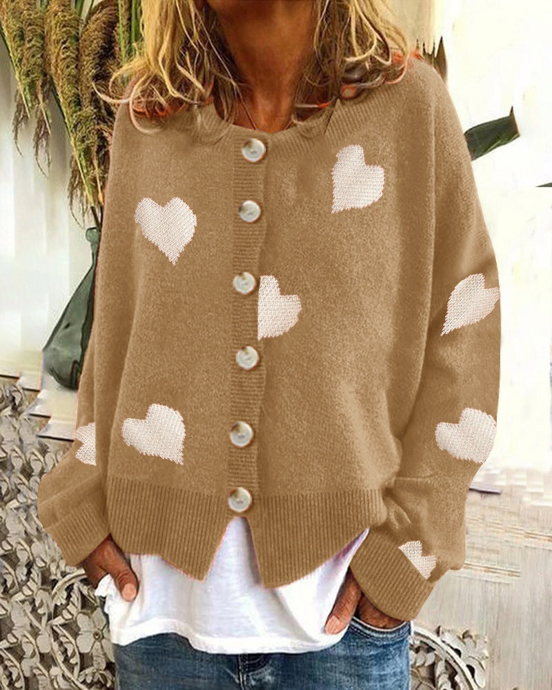Street Wave Women's Heart Pattern Knit Cardigan With Button Front Cozy Cotton Blend