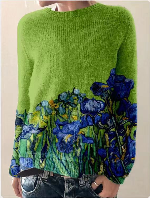 Womens Wool Feel Sweatshirt With Floral Embroidery Street Wave Cozy Casual
