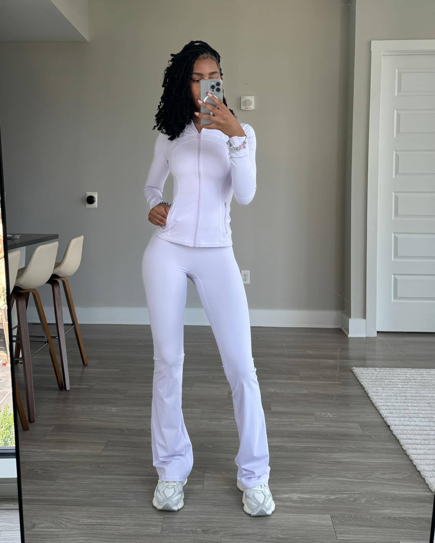 Womens Fitness Outfit Set Street Wave Neon Lime Long Sleeve Zip Top For All Day Comfort And Wide Leg Pants