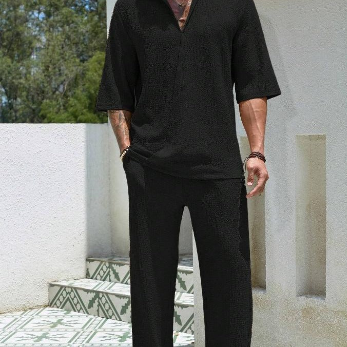 Street-Wave Men's Lightweight Cotton 2 Piece Set With Shirt And Pants Relaxed Fit Short Sleeve