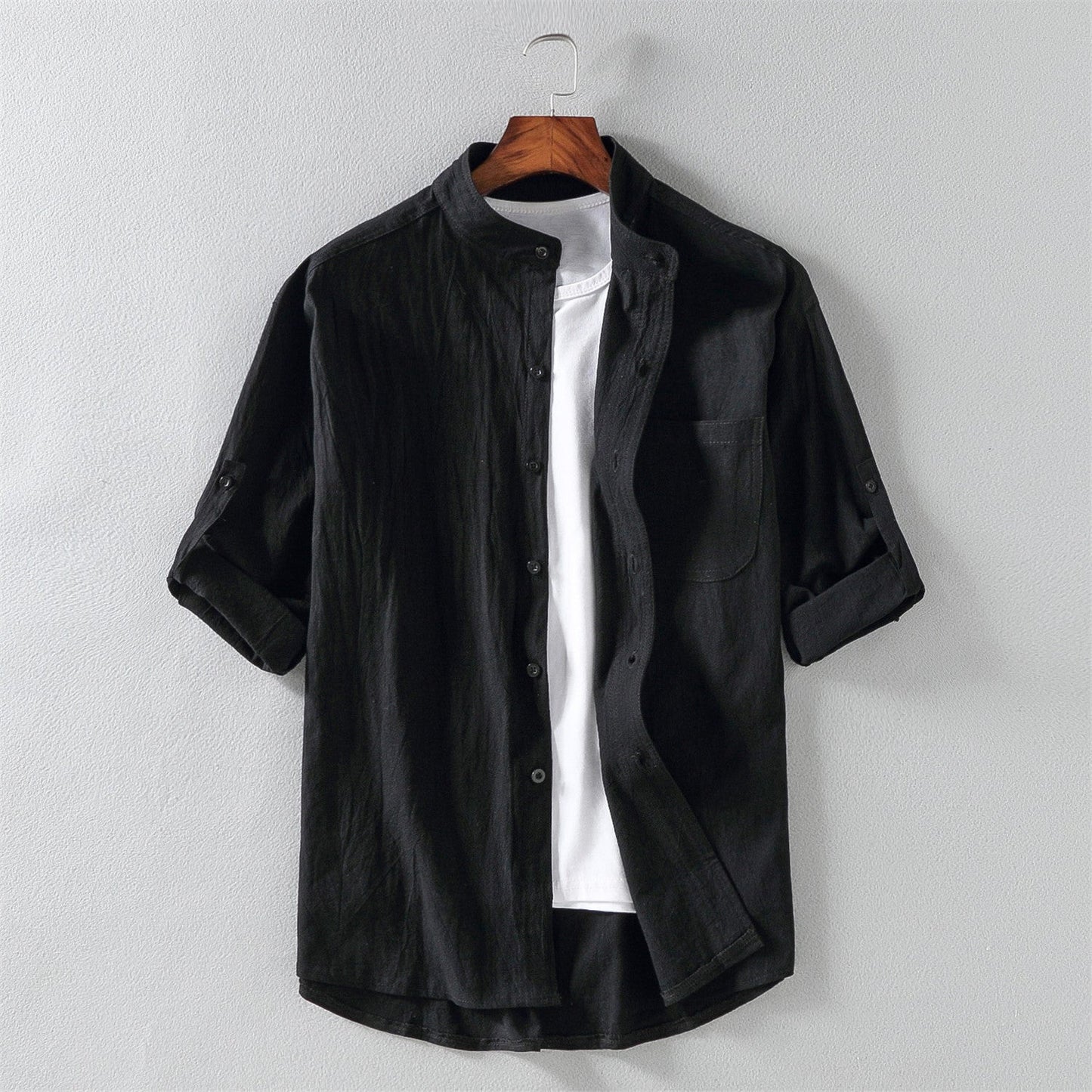 Men's Linen Blend Short Sleeve Shirt With Mandarin Collar Relaxed Fit Lightweight Summer Shirt