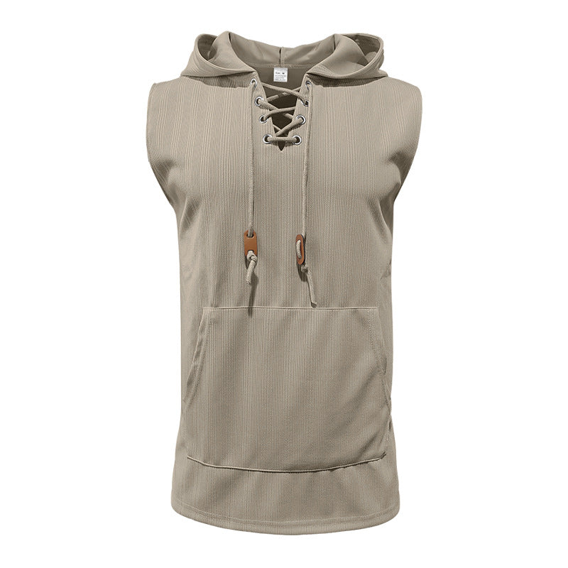 Street-Wave Mens Sleeveless Hooded Tank Top With Lace-Up Front For Active Athletes