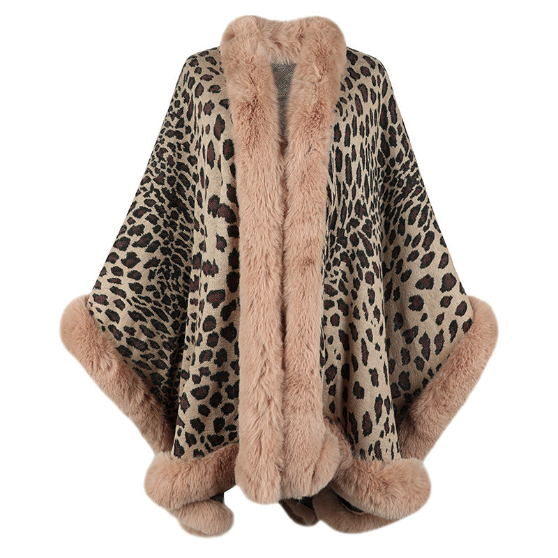 Street-Wave Leopard Print Faux Fur Trim Poncho For Women, Cozy Warmth And Luxury