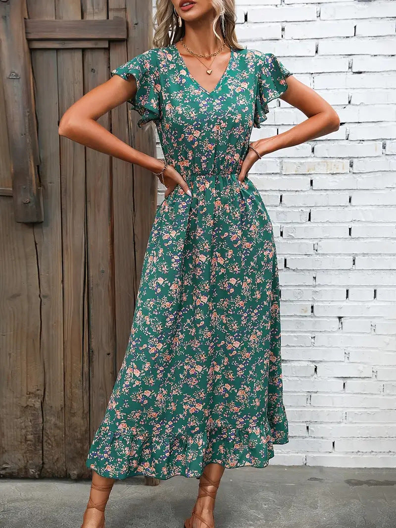 Street Wave Cotton Midi Dress With V Neck Ruffle Sleeves Ruched Waist For Women