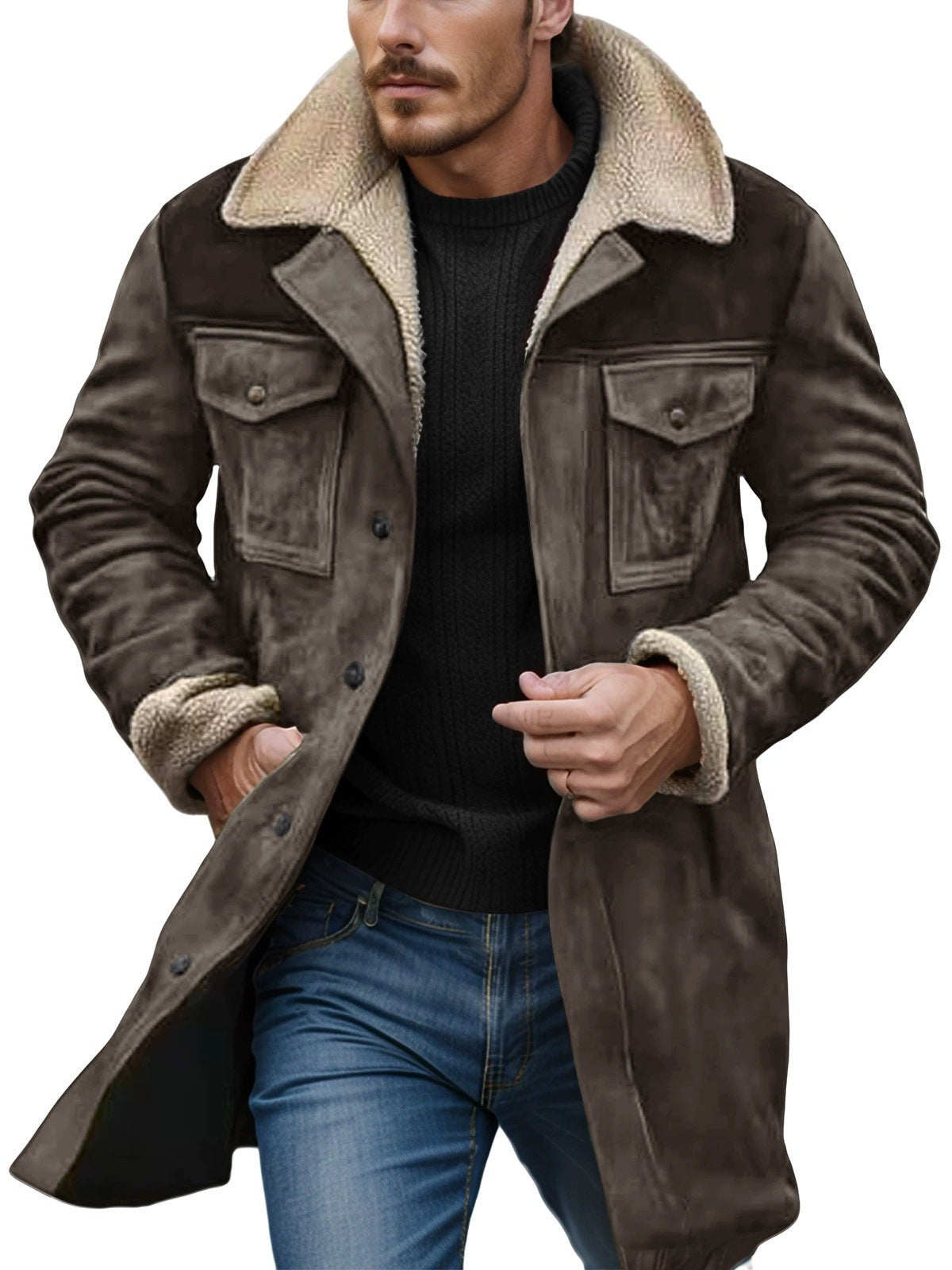 Street-Wave Men's Shearling Jacket In Relaxed Utility Style With Generous Pockets