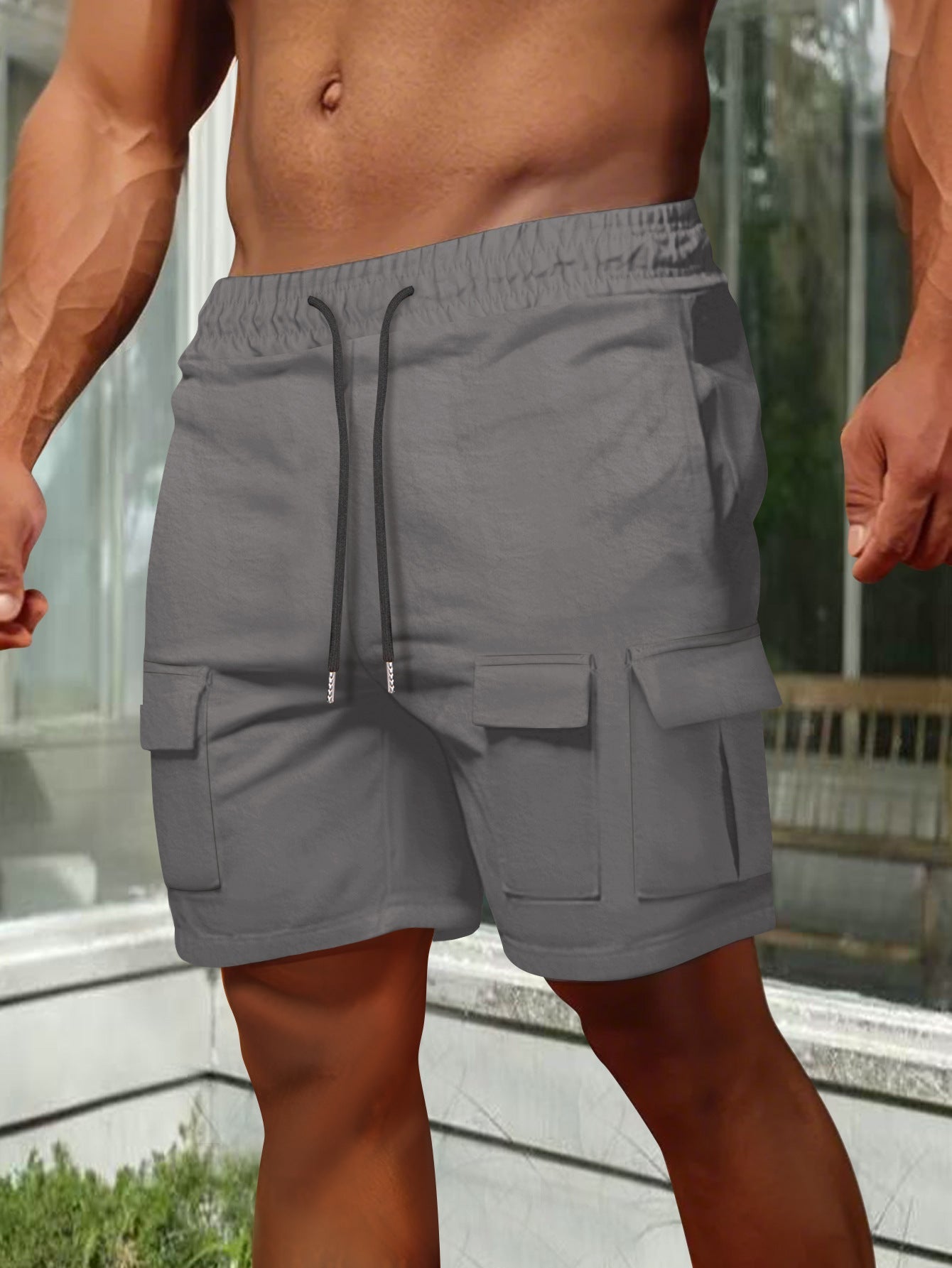 Street-Wave Mens Cargo Shorts Olive Relaxed Fit Breathable Elastic Waist Pockets