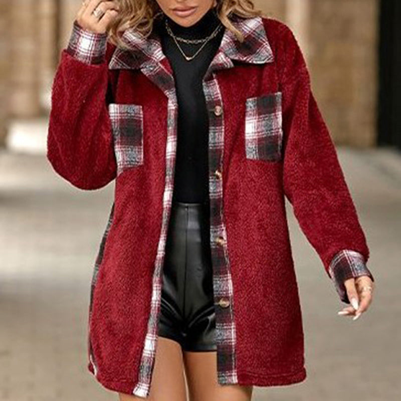 Street Wave Women's Fleece Jacket With Plaid Details And Button Closure For Cozy Warmth