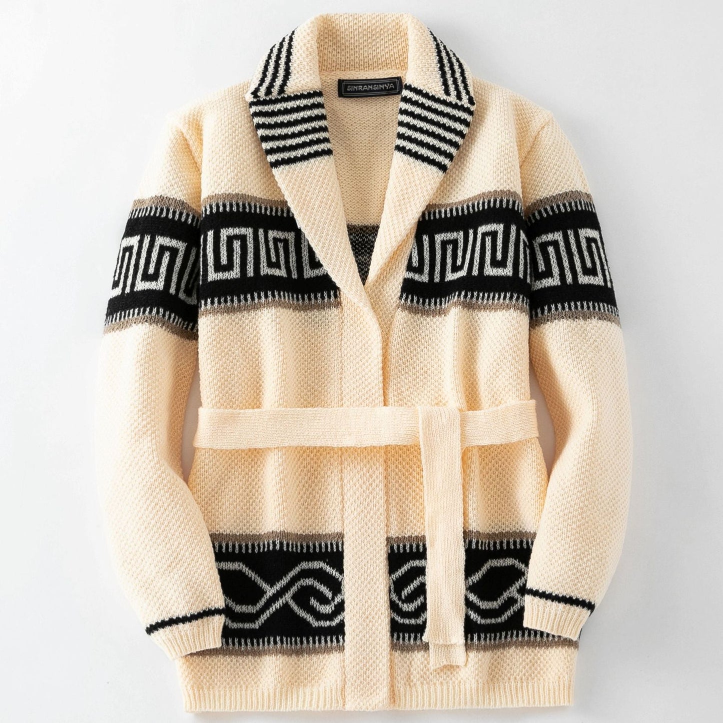Streetwave Women Belted Geometric Knit Cardigan Cozy Stylish Knitwear for Modern Ladies