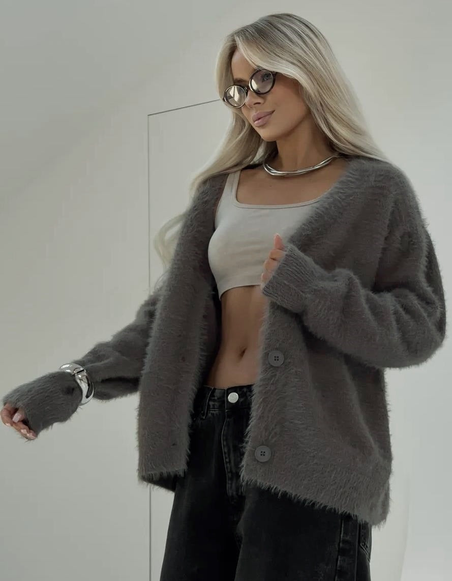 Cozy Cardigan for Women Street Wave Plush Knit with Modern Button Details and Relaxed Fit