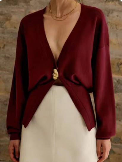 Street-Wave Cardigan For Women Elegant Knitwear With Deep V-Neck And Gold Button For Versatile Comfort