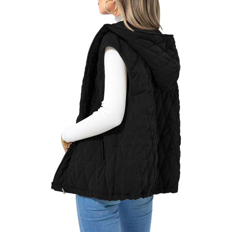 Street-Wave Women Quilted Hooded Vest With Side Zip Pockets Cozy Versatile Outerwear