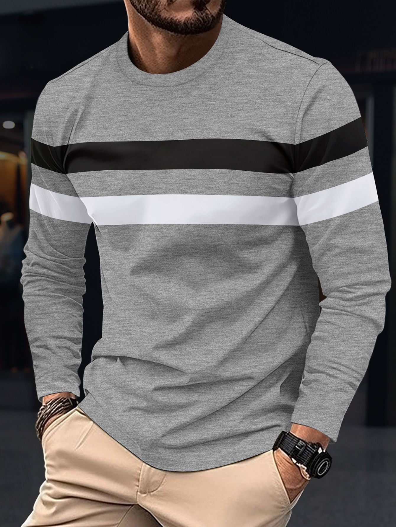 Street-wave Men's Long Sleeve Shirt With Sport Stripe Design, Breathable Comfort, Trendy Urban Wear