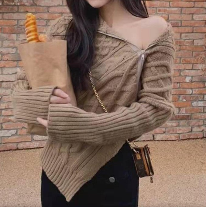 Street Wave Womens High Collar Knit Sweater with Asymmetrical Design for Cozy Everyday Style