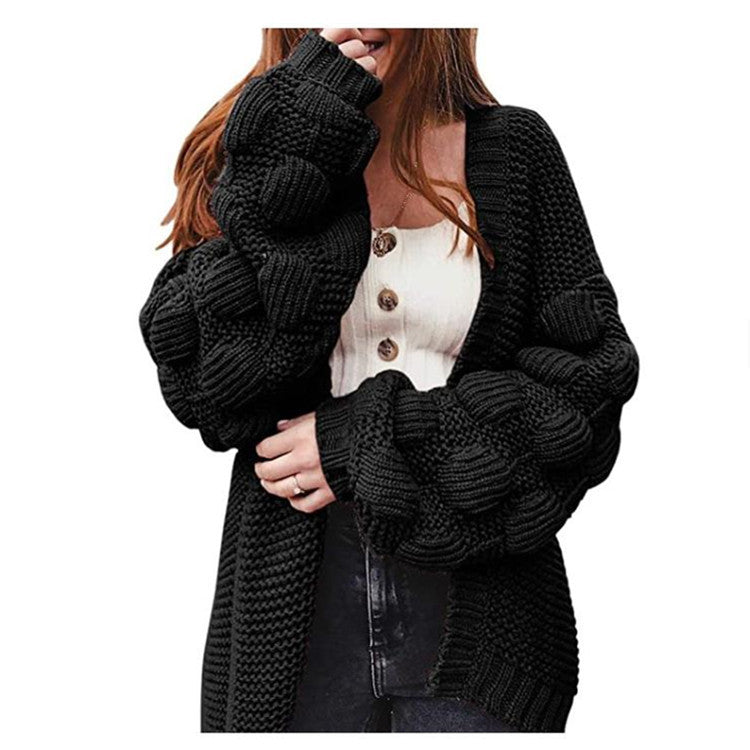 Street-wave Women's Chunky Knit Cardigan With Voluminous Sleeves For Cozy Everyday Style