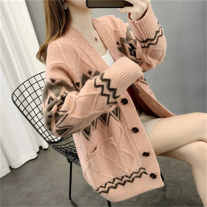 Streetwave Women's Cable Knit Cardigan With Geometric Pattern For Cozy Everyday Wear