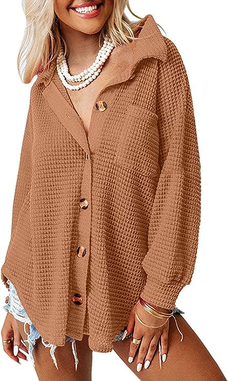 Street Wave Waffle Knit Shirt Jacket Women Oversized Casual Button Front Cozy Chic Everyday Layering