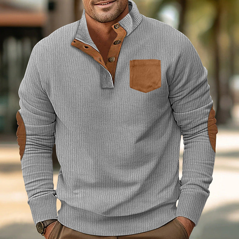 Street-wave Men's Comfortable Stand Collar Pullover With Contrast Pocket Detail And Modern Style