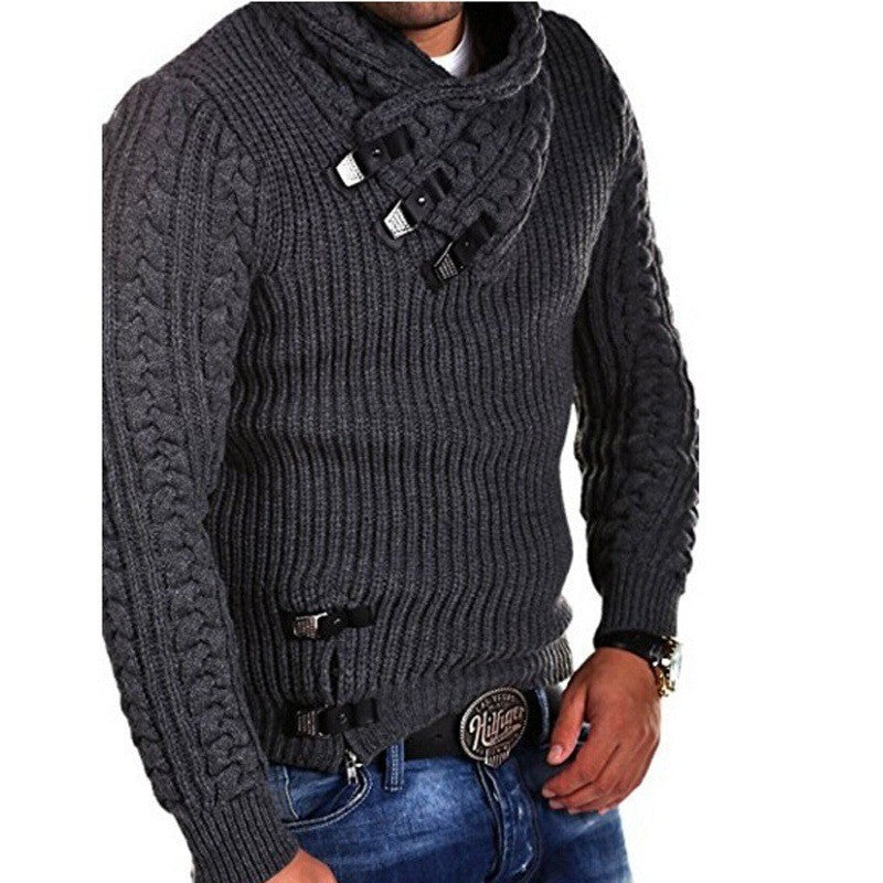 Street Wave Men's High Collar Cable Knit Sweater With Buckle Details For Warm Comfort And Style