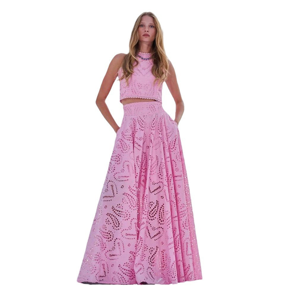 Street Wave Chic Women Broderie Two Piece Set Fitted Cropped Top Flared Skirt