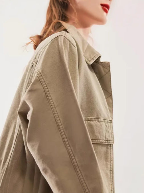 Street-wave Women's Oversized Olive Jacket With Front Pockets For Casual Everyday Comfort