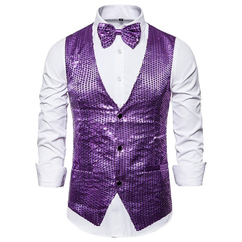 Streetwave Men Sequin Waistcoat With Matching Bow Tie Elegant Festive Vest For Weddings