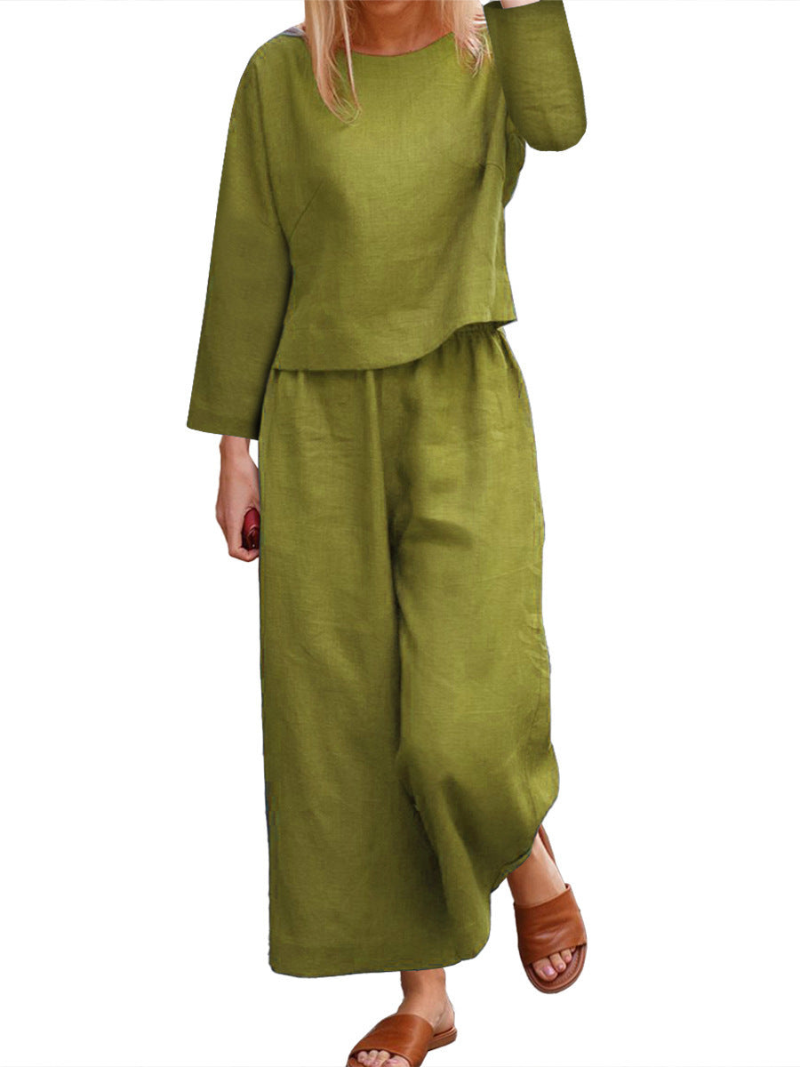 Streetwave Linen Lounge Set For Women With Long Sleeve Top And Wide Leg Pants Relaxed Fit Comfort