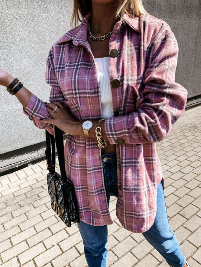 Street Wave Plaid Wool Look Coat Plus Size Oversized Mid Length Button Closure For Women