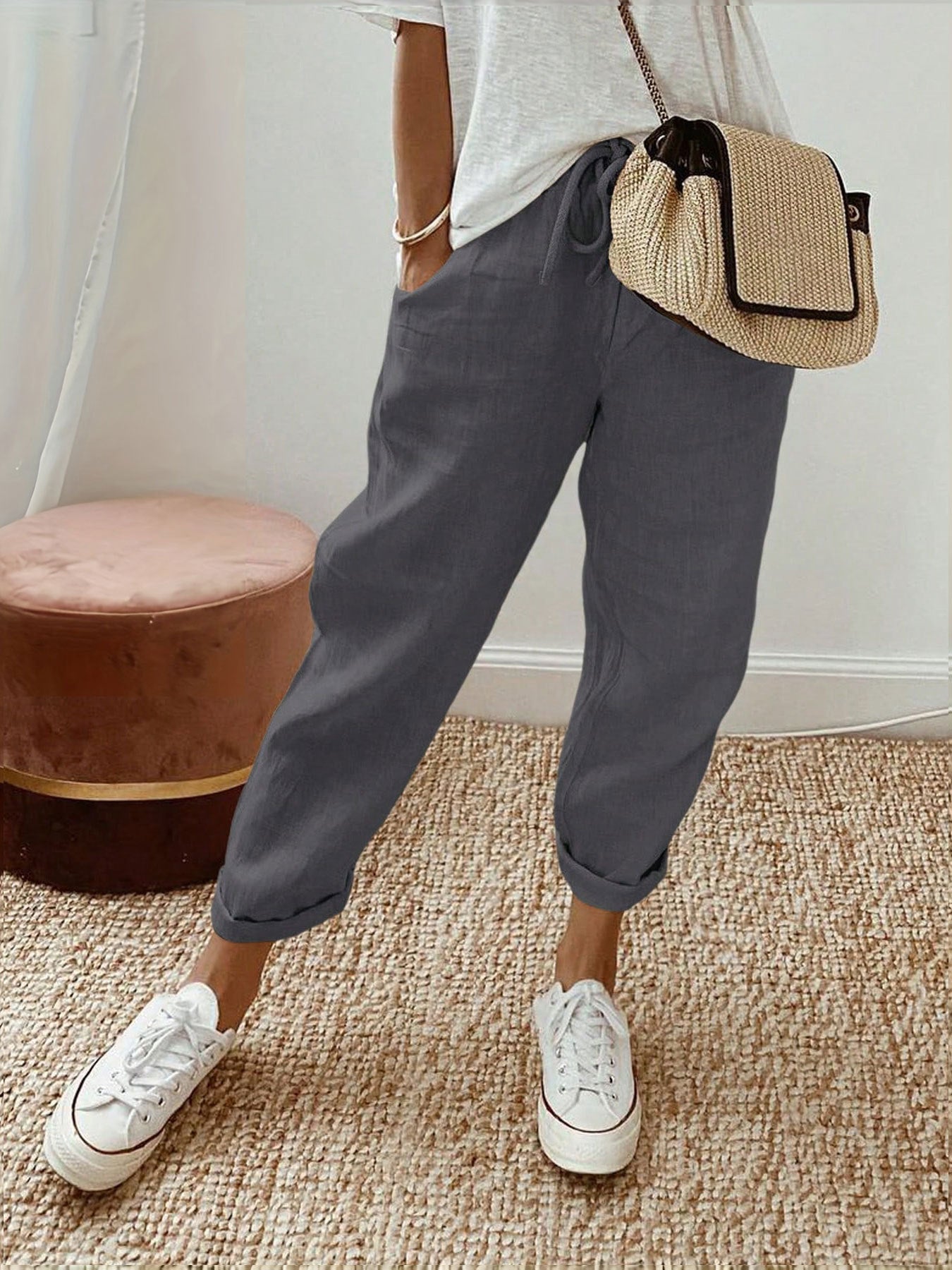 Street-Wave Women's Linen Pants With Elastic Waist And Pockets Casual Breathable Comfort