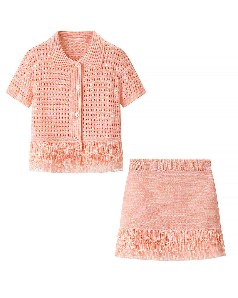 Street-Wave Tassel Knit Cardigan Set With High-Waisted Mini Skirt For Trendy Women