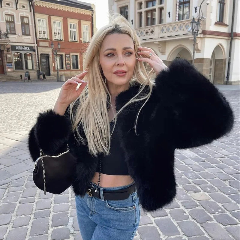 Faux Fur Short Jacket With Voluminous Sleeves Street-wave For Women Warm Chic Outerwear