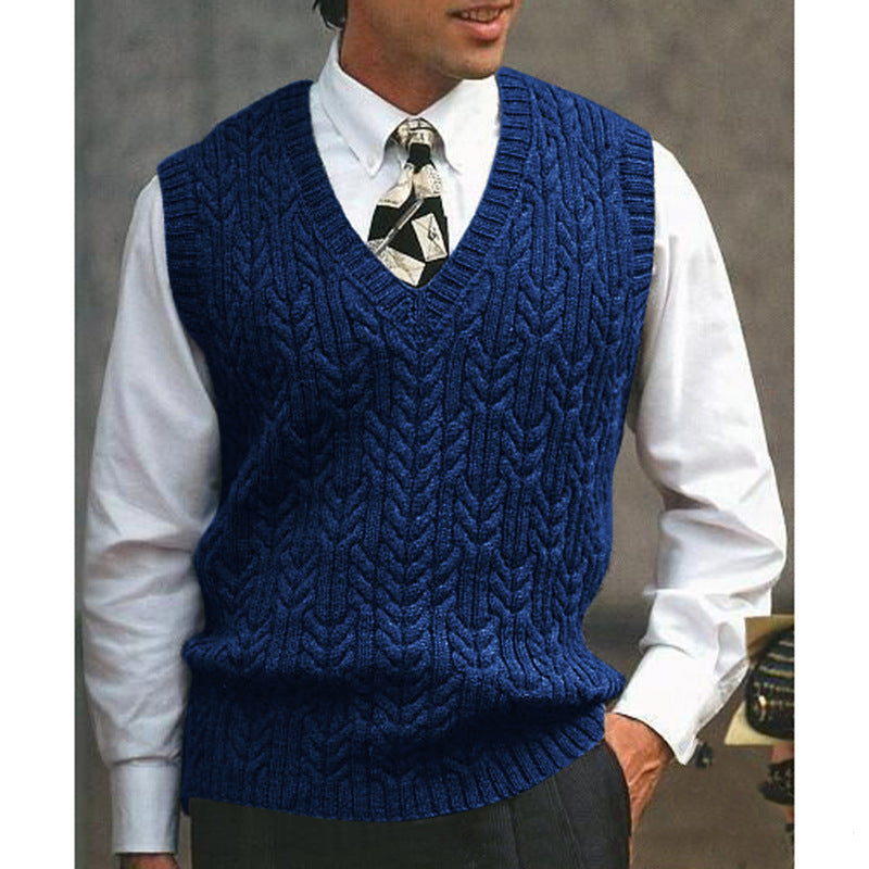Street-Wave Mens Cable Knit Vest V-Neck With Full Cable Pattern Versatile Office To Casual