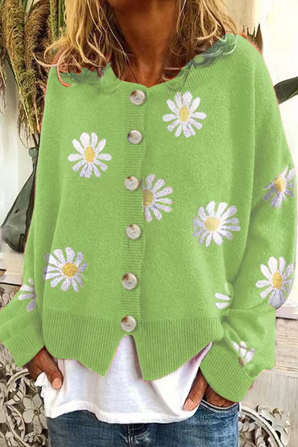 Streetwave Floral Cotton Cardigan For Women With Daisy Print Cozy Spring Knitwear